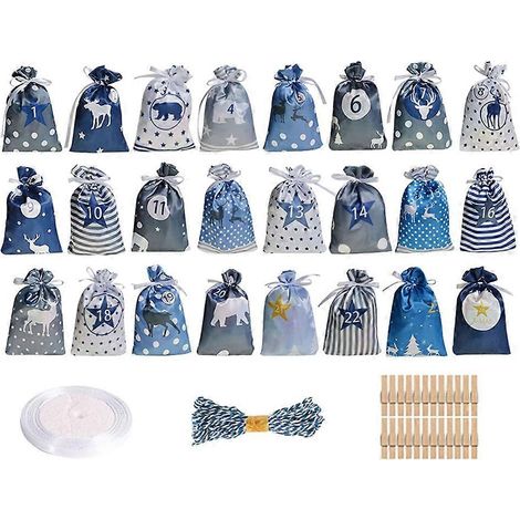 Set mit 24 wiederverwendbaren Stoffgeschenktüten für den Adventskalender mit Kordelzug. (1/5)