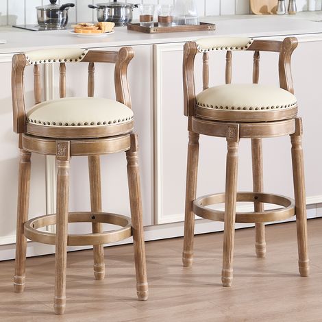 MODFU – Tabouret bar pivotant 360° cuir véritable – Dossier incurvé et hauteur assise 75 cm – Structure bois – Blanc ivoire (1/5)