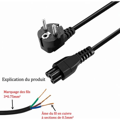 Câble d'alimentation secteur européen 3 conducteurs 0,5 mm² connecteur trèfle C5 1,2 m noir 1.2 m0.5 48 0.5 160 g – Livraison gratuite