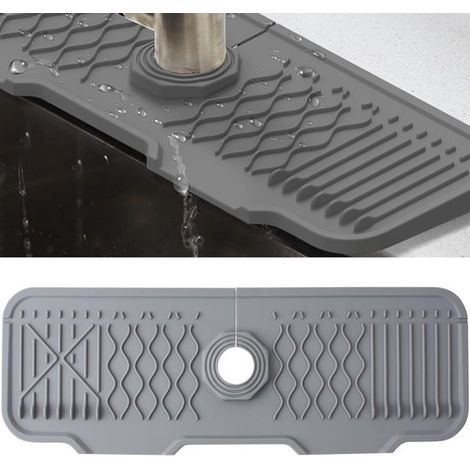 Tappetino in silicone per rubinetto - Tappetino raccogli-acqua - Cucina e bagno - Regolabile - Lunghezza 43 cm - Grigio (1/5)