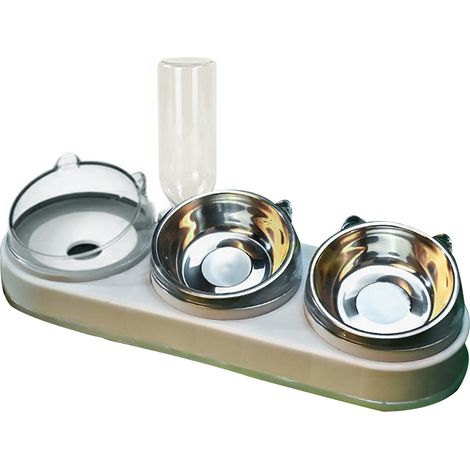 Gamelle 3 en 1 pour chat avec distributeur d'eau automatique, inclinable à 15°, matériau sûr et facile à nettoyer, grise. (1/2)