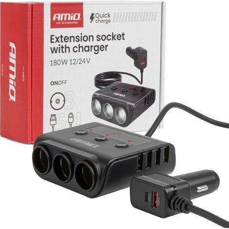Adaptador divisor para toma de mechero con cargador 4xUSB-A QC3.0 PD 3.0 180W amio-04835 (1/5)