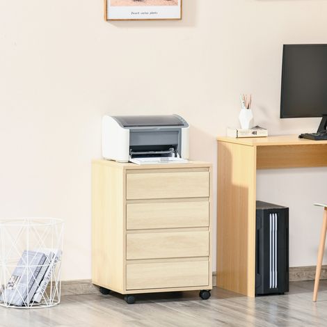 Cassettiera da ufficio con 4 cassetti, cassettiera da scrivania con ruote per studio, 46x40x65 cm, colore naturale.