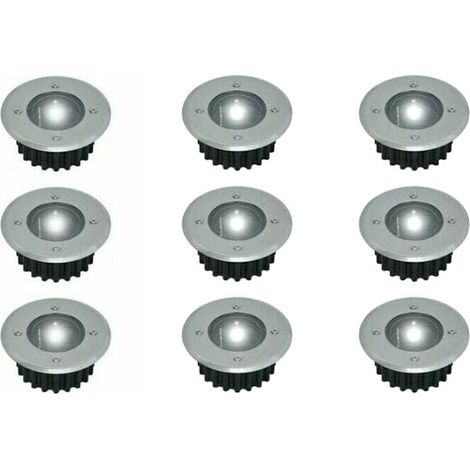 Ulisem Lot de 9 spots LED solaires encastrables au sol - Ronds - Diamètre : 85 mm - Extérieur résistant au piétement - Façade en acier inoxydable - 9 lampes solaires (1/5)