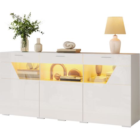 SideboardmitLED-Beleuchtung,Anrichte,Wohnzimmerschrank,Aufbewahrungsschrankmit3Türen,TürenmitGlasfront,Hochglanz-Oberfläche,App-steuerbarerLED-Beleuchtung,Spanplatten-Korpus (1/5)