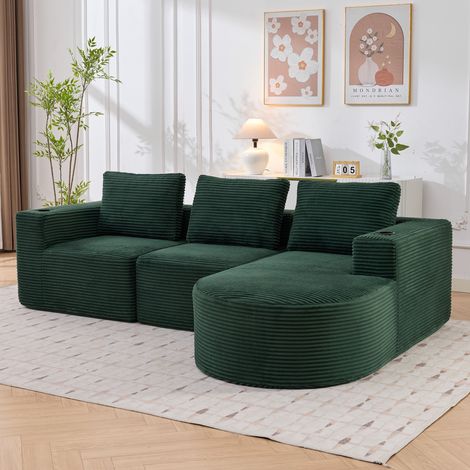Canapé 2 Places - 265x176x60cm - Convertible avec 3 Coussins et 2 Porte-Gobelets - Velours Côtelé Design - Vert Rétro (1/5)