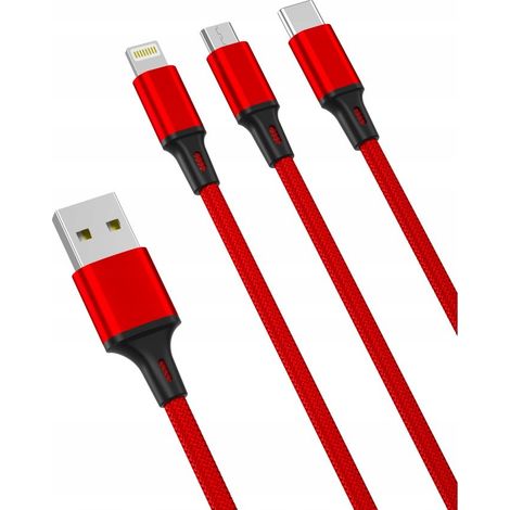 Cable USB - USB tipo C / microUSB / Lightning de 1,2 m rojo XO 3 en 1 (1/5)