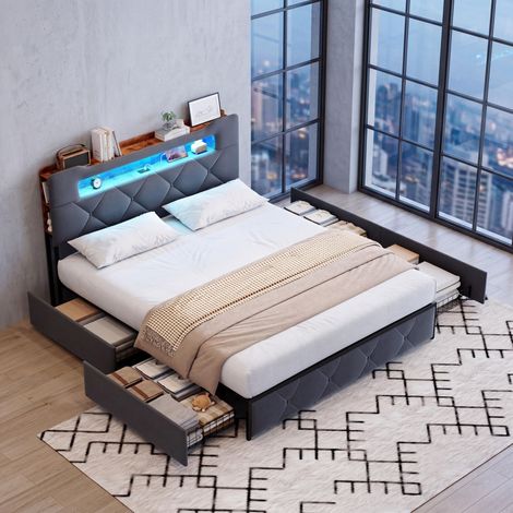 Bett mit Schubladen 140 x 200 cm – 4 Metall-Schubladen – Lattenrost, verstellbare LED und USB-Anschlüsse, grauer Samtstoff – Stabiler Bettrahmen für Erwachsene und Jugendliche