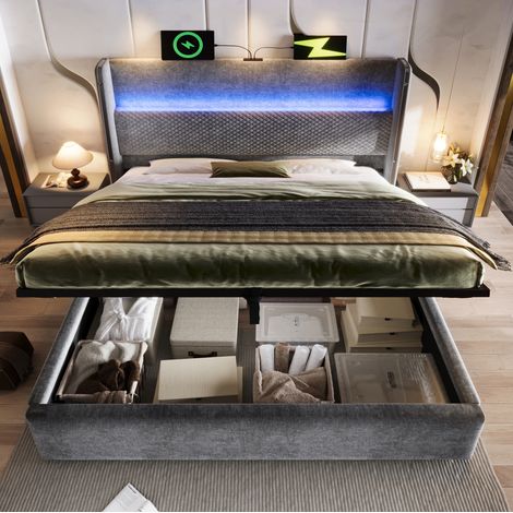 Letto contenitore idraulico 160x200 cm con testiera alta, LED, USB/Type-C, grigio (1/5)