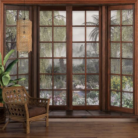 Papier peint panoramique Trompe l'oeil Fenêtre en bois - Forêt Tropicale - 130 cm x 104 cm (1/5)