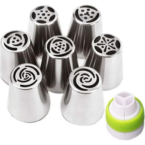 Ensemble de 11 douilles à patisserie professionnelles en acier inoxydable russe : 7 douilles à fleurs, 2 douilles à feuilles, 1 adaptateur, 1 poche à douille en silicone. Idéal pour la décoration de g (1/4)
