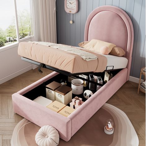 Lit coffre enfant en velours rose 90x200 cm, sommier à lattes relevable inclus (1/5)