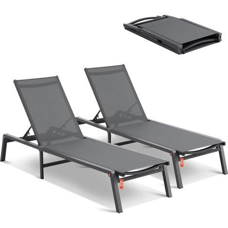 Chaise longue jardin extérieur, lot de 2, transat de patio pliable en aluminium avec 5 positions réglables, chaises inclinables de bronzage entièrement plates pour plage, piscine, gris foncé (1/5)
