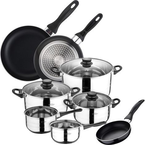 San Ignacio Batterie de Cuisine Sip 8 pièces (2 casseroles + Trois Faitouts avec Couvercle de Verre) avec Set de 3 poêles Ø16/20/24 cms, Induction (1/5)