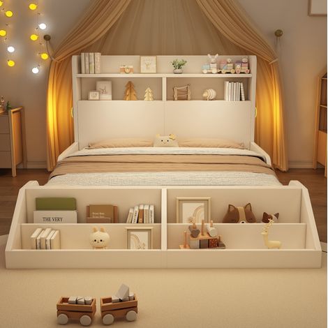 FLORAGRACE Lit adulte 140x200 cm en bois blanc avec rangements, veilleuses intégrées, étagère livre amovible (1/5)