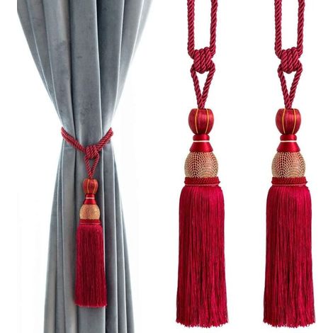 YMYNY Dekorative Vorhang-Raffhalter mit Quasten und Kugeln – Vorhanghalter für Zuhause und Büro, geflochtene Schlaufen, Fransen, 2er-Pack (rot) (1/4)