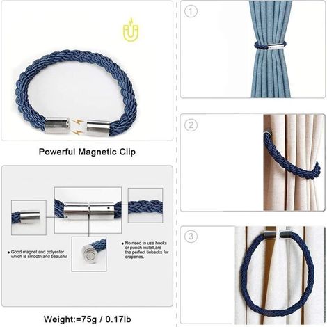 Magnetische Raffhalter für Gardinen – 2er-Set, modernes Design mit starken Magneten und blauer geflochtener Kordel