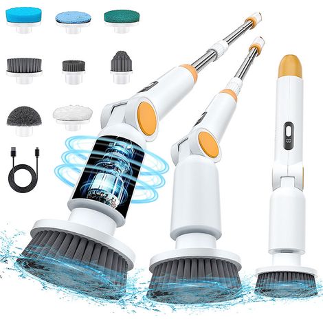 Cepillo de limpieza eléctrico giratorio inalámbrico con 8 cabezales, mango ajustable, resistente al agua IPX7, pantalla digital LED, cepillo de limpieza para ducha, hogar, baño, cocina y automóvil. (1/5)