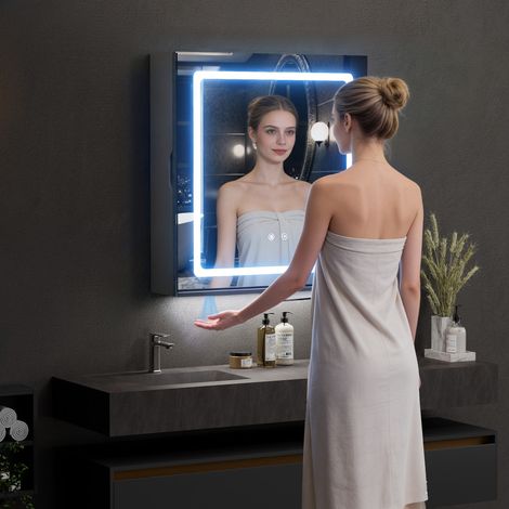 Armoire miroir 40cm loupe x10 capteur geste 3 couleurs 3 étages charge prise UE blanc (1/5)