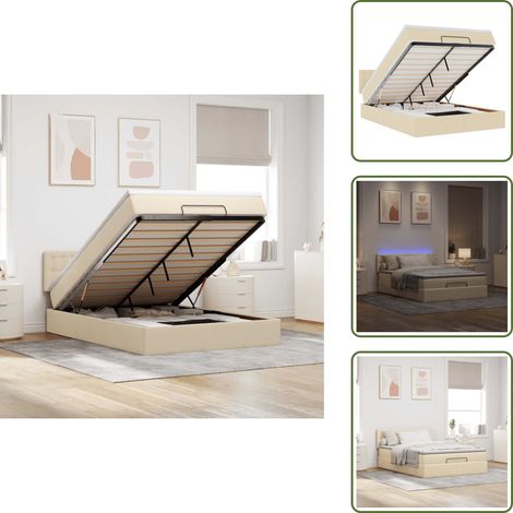 Ottomane Bett mit Matratze & LEDs Creme 140x200 cm Stoff - Ottoman-Bett - Ottoman-Betten - Bett Mit Stauraum - Polsterbett