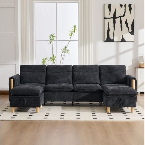 Divano modulare a forma di U per 4 persone, 261x77x86 cm, con 2 pouf contenitore, tasche laterali, tessuto ciniglia - nero (1/5)