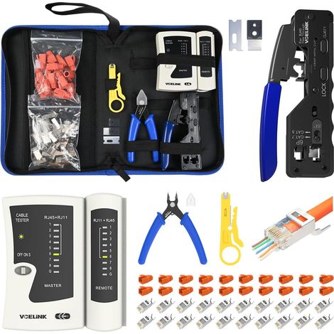 Kits Pince à Sertir RJ45 avec 20 Connecteurs RJ45 Cat7, Testeur Kits, Connecteurs RJ45 Cat7/Cat6a Pass Through, Testeur RJ45, Mini Pince à dénuder Pour, RJ45, Sac en Tissu (1/5)