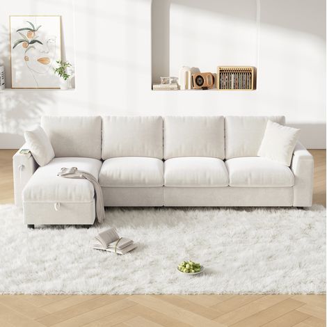 Ecksofa 280/137/84 cm aus Chenille in Beige mit Schlaffunktion, Klapptisch und Stauraum (1/5)