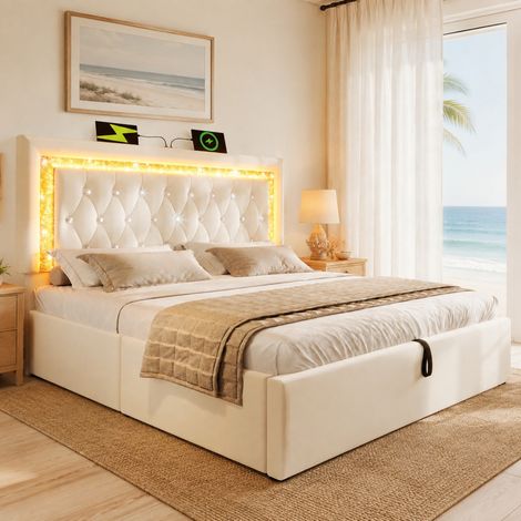 Cama con canapé 180x200 de terciopelo con LED, USB/USB-C, cabecero ajustable, beige HAVRYA (1/5)