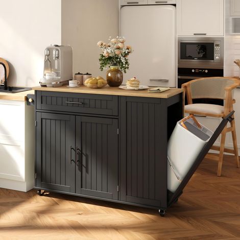 Îlot de cuisine mobile 130x45(70)x93cm,plan de travail rabattable, meuble poubelle,tiroir, rangements,roulettes freinées, MDF,Noir (1/5)
