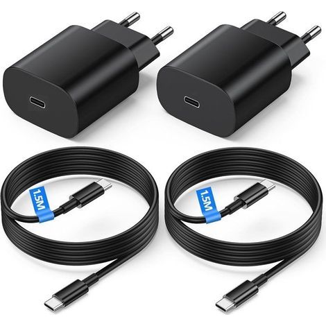 2er-Pack 25-W-Schnellladegerät + USB-C-Kabel für SAMSUNG S22 5G, S22 ULTRA 5G, S21 FE 5G, S21, S21 PLUS, S20 usw., Schwarz (1/4)