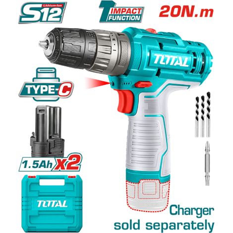 TRAPANO AVVITATORE PERCUSSIONE BATTERIA 12V - 20Nm+2 BATTERIE 1,5Ah TYPE-C TOTAL