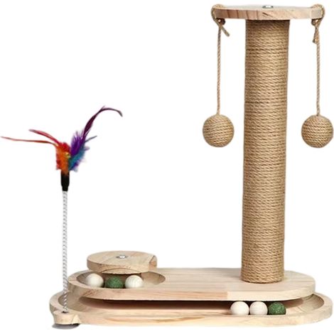 1 Griffoir interactif, structure bois, circuit à balles, bâton de jeu, pour chat d'intérieur (1/5)