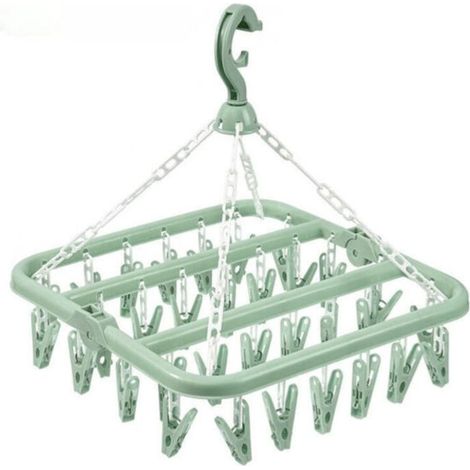Porte-vêtements suspendu vert avec 32 pinces, coupe-vent, pour chaussettes/sous-vêtements (1/3)