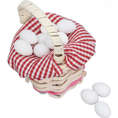 Panier à œufs miniature pour maison de poupée, motif écossais rouge, haute réalisme, avec anses, décoration pour maison de poupée, œuf blanc (1/5)