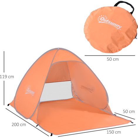 Tenda da spiaggia pop-up Outsunny per 2-3 persone con finestre a scomparsa, protezione solare UV, 200x150x119 cm, arancione