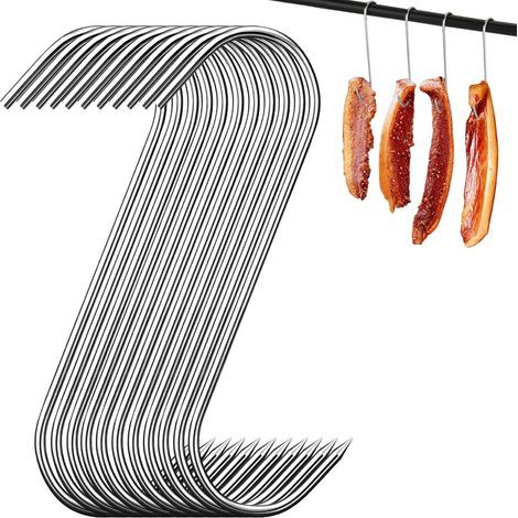 Confezione da 30 ganci da macellaio in acciaio inox, riutilizzabili, 180 x 3 mm, ideali per affumicare, piccoli ganci a S adatti per appendere carne, salsicce e decorazioni da giardino. (1/5)