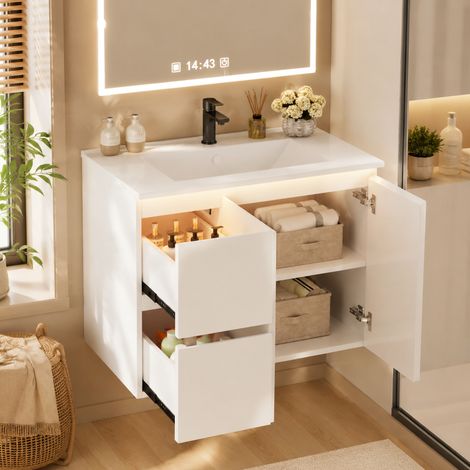 Lavabo mural de 764757 cm, totalmente lacado, luz LED con sensor de radar, bisagras de cierre suave, fregadero integrado, color blanco. (1/5)