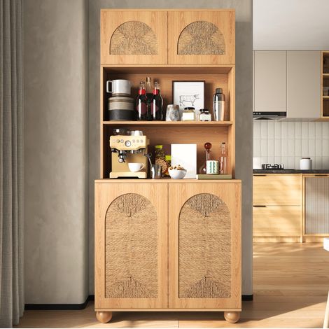 Sideboard,Hochschrank mit Seilgeflecht-Türen, dreigeteilter Präsentationsschrank, Aufbewahrungsschrank aus Spanplatte+MDF, Schrank mit Kieferholz-Kugelfüßen, Flurschrank, Wohnzimmer Stauschrank, halbo (1/5)