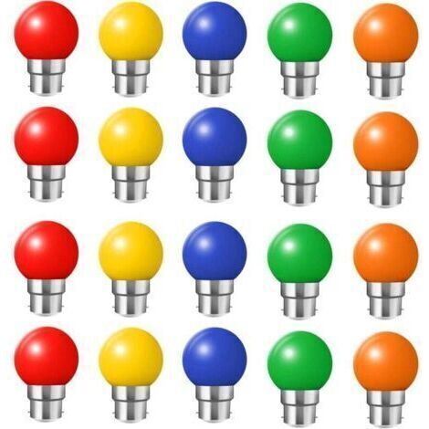 Set of 20 colored LED bulbs, B22 bayonet lamps, 2 W, red, yellow, orange, green, blue, unbreakable (equivalent to 20 W).