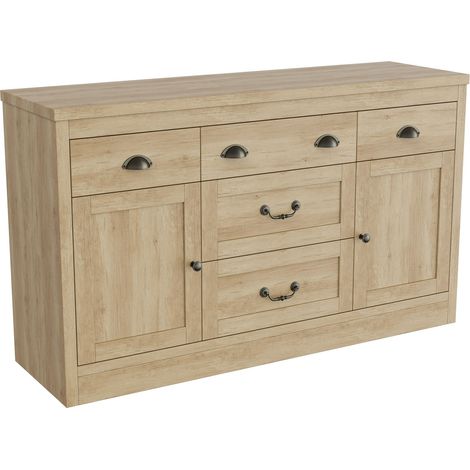 Buffet salon, commode - 135x39,8x80 cm - 5 tiroirs et 2 portes en bois - meuble de rangement - Style industriel moderne