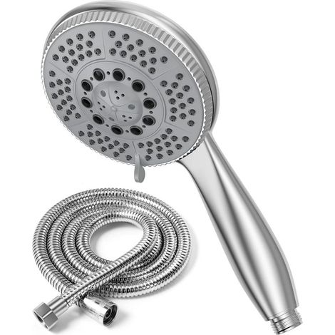 Pommeau de douche 1,5 m tuyau en acier, 5 fonctions jets, haute pression, ABS chromé, pulvérisation anticalcaire, buse (1/5)