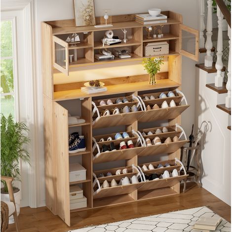 Zapatero LED con frontal de cristal, 6 puertas abatibles y 1 puerta, 130x25x85 cm - natural (1/5)