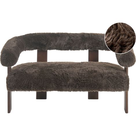 2 Seater Sofa Dark Brown Faux Fur Upholstery Retro Design Wooden Legs Living Room ILBRO