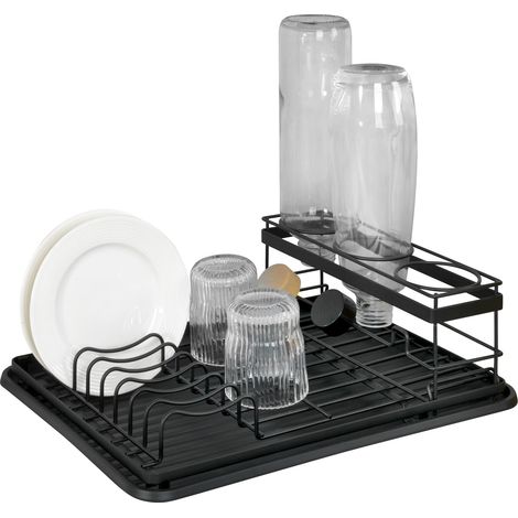 WENKO 54798100 scolapiatti con portabottiglie Amy, scolapiatti per lavello, componenti rimovibili, vassoio in plastica riciclata, nero, metallo verniciato a polvere (1/5)