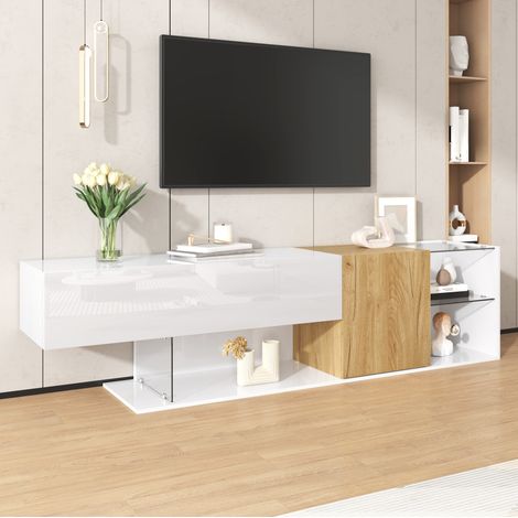 Mobile TV in pannello truciolare bianco e naturale con ripiani in vetro, 180 x 38 x 48 cm, 2 ante e vano aperto (1/5)