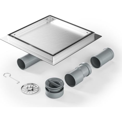 Caniveau de douche carré 20 x 20 cm, siphon à 360° avec anti-odeurs et tamis à cheveux 2 en 1, gouttière de drainage en acier inoxydable très plat DN50 DN40 (1/5)