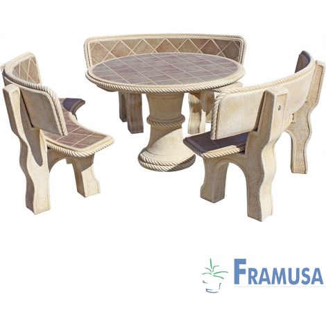 CONJUNTO COMEDOR PIEDRA CIRCULAR JARDIN PINO TOSTADO CON AZULEJOS Y CON RESPALDO OCRE