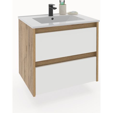 Meuble sous-vasque suspendu à 2 tiroirs (sans lavabo) coloris Blanc/Chêne - Longueur 60 x Hauteur 59,5 x Profondeur 45,5 cm (1/5)