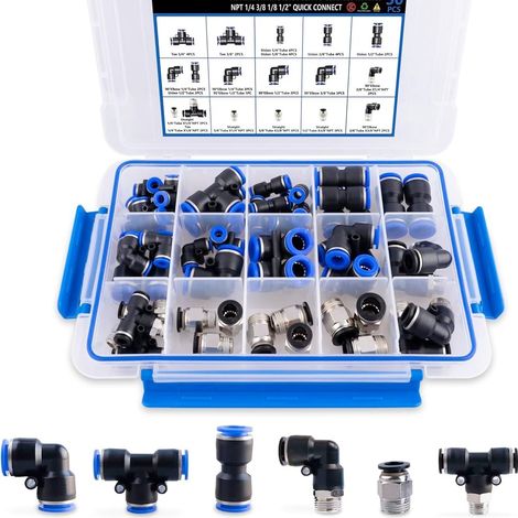 50-teiliges Luftschlauch-Armaturen-Set, Anschluss von NPT-Gewindearmaturen, 1/4, 3/8, 1/8, 1/2 Zoll Nylonschläuche, Schnellverbindungen, Luftschlauch-Armaturen-Sortimentskit Luft für Automobil- oder I (1/5)