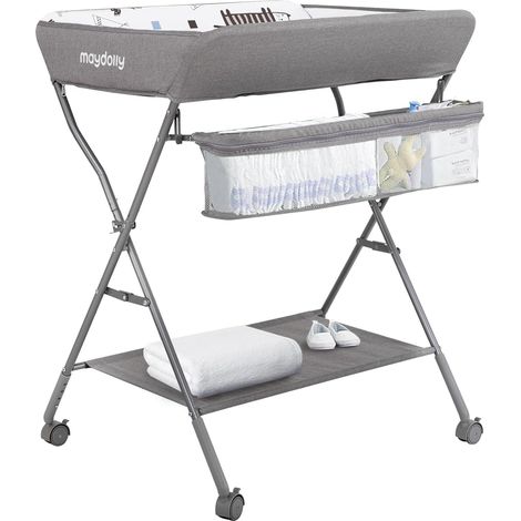 Table à langer pour bébé avec roues, station à langer pliante portable à hauteur réglable avec organiseur de pépinière et support de rangement pour nouveau-né et nourrisson (gris clair) (1/5)